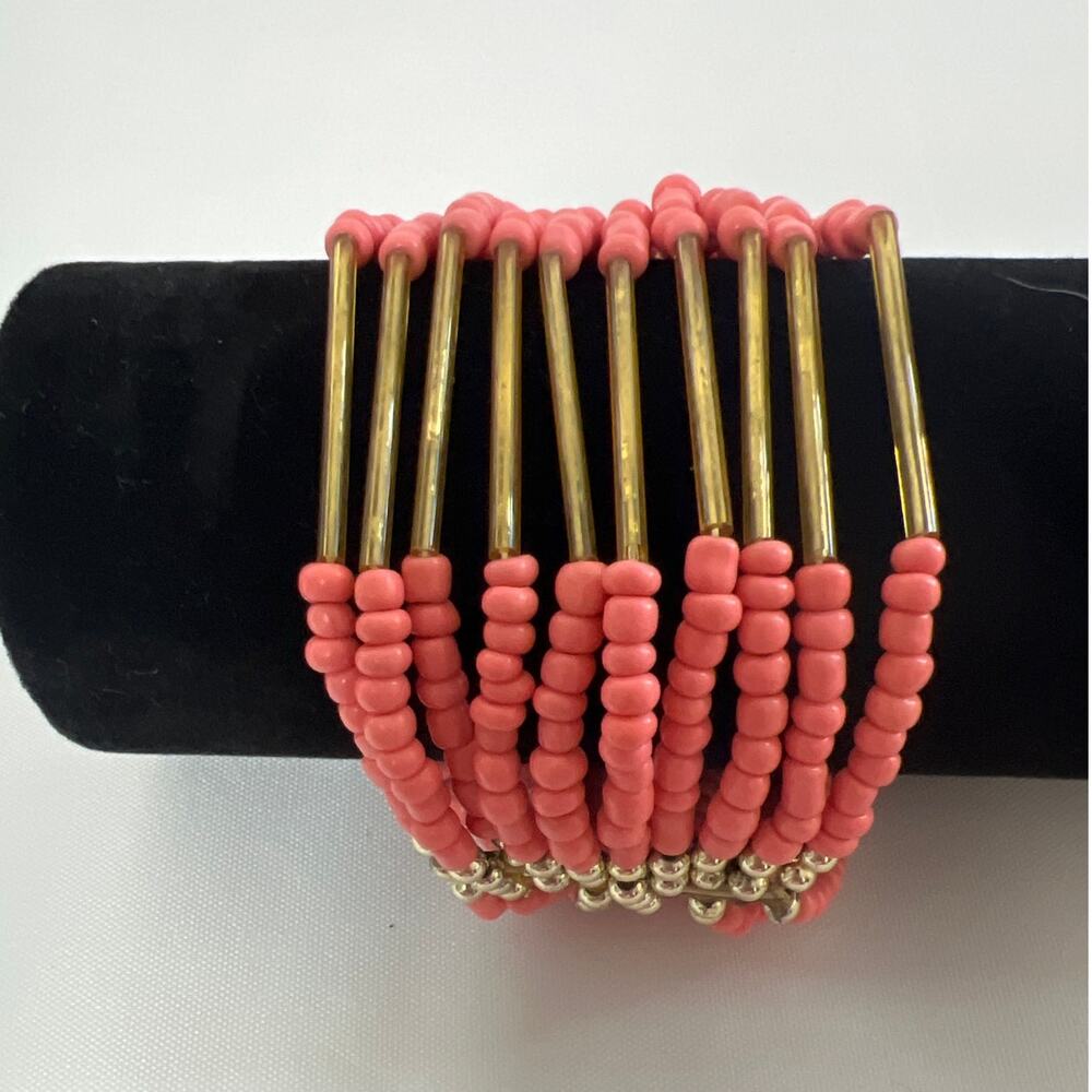 Multi-Strand Pink Beaded Stretch Cuff Style Bracelet - Picture 3 of 4